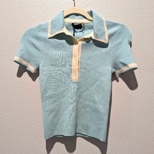 Alice + Olivia Cream and Blue Polo Top